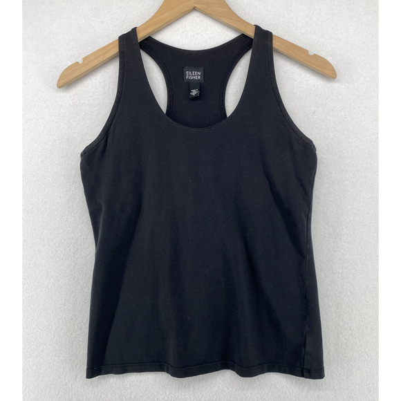 EILEEN FISHER Tank Top S Stretch Cotton Jersey Shelf Bra Racerback Off Black USA - Picture 1 of 11